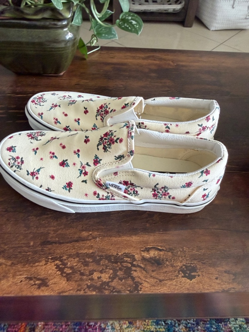 Vans Slip-On Floral Canvas Sneakers - Cream with Pink and Green Accents - Picture 3 of 7